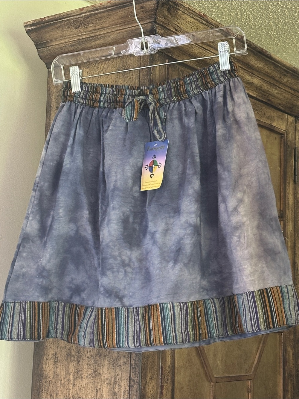Katmandu Blue Tie-Dye Cotton Skirt with Striped Hem